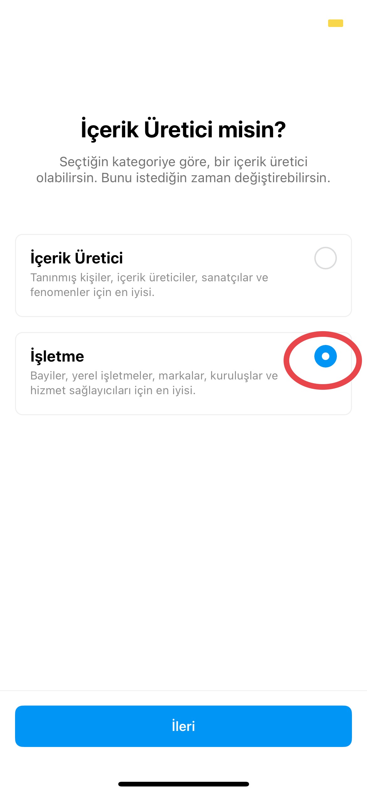instagram işletme hesabı seç menüsü