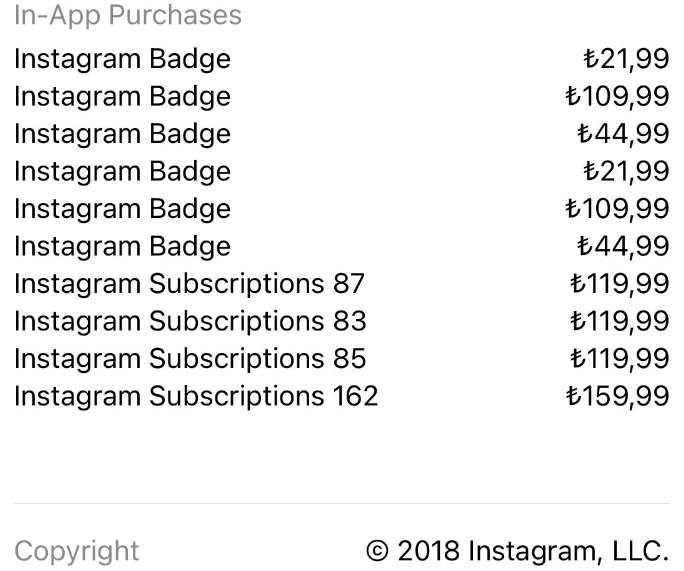 Instagram App Store Abonelik Uygulama İçi Fiyatlandırma Listesi
