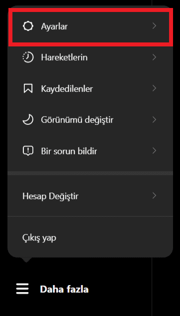 Instagram Masaüstü Ayarlar Menüsü