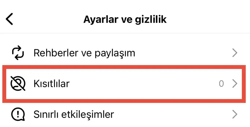 Instagram Ayarlar menüsünden Kısıtlılar bölümü