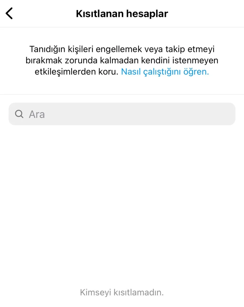 Kısıtlılar bölümünde arama çubuğu