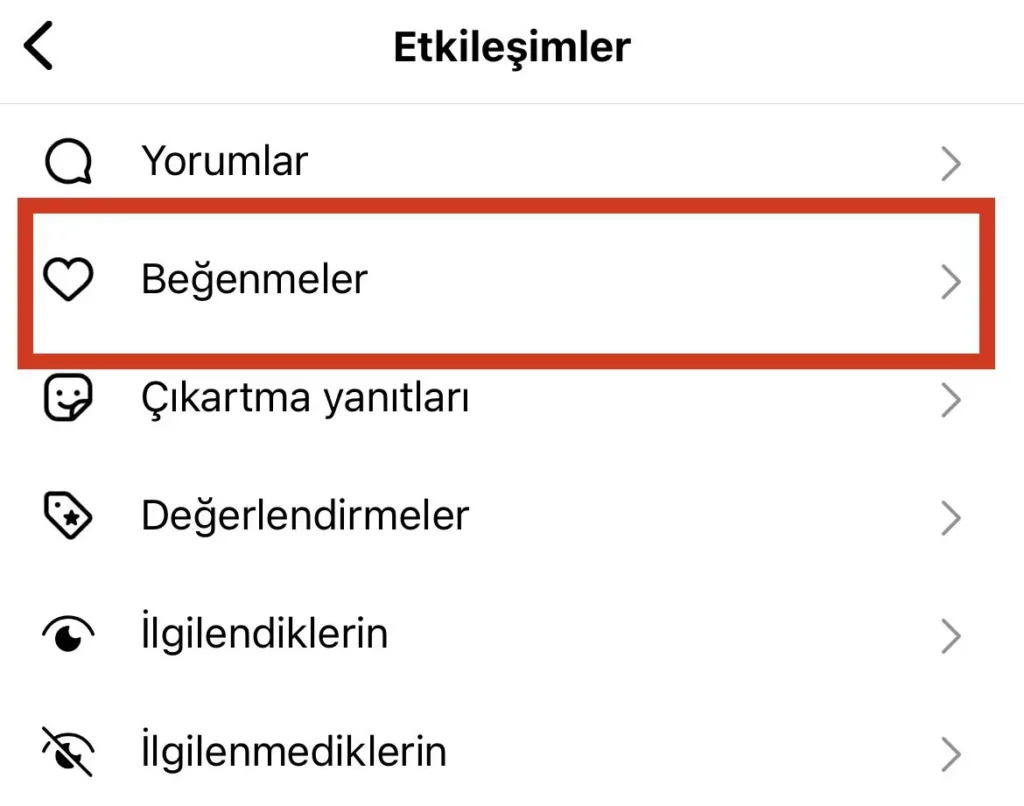 Instagram Beğeniler menüsü