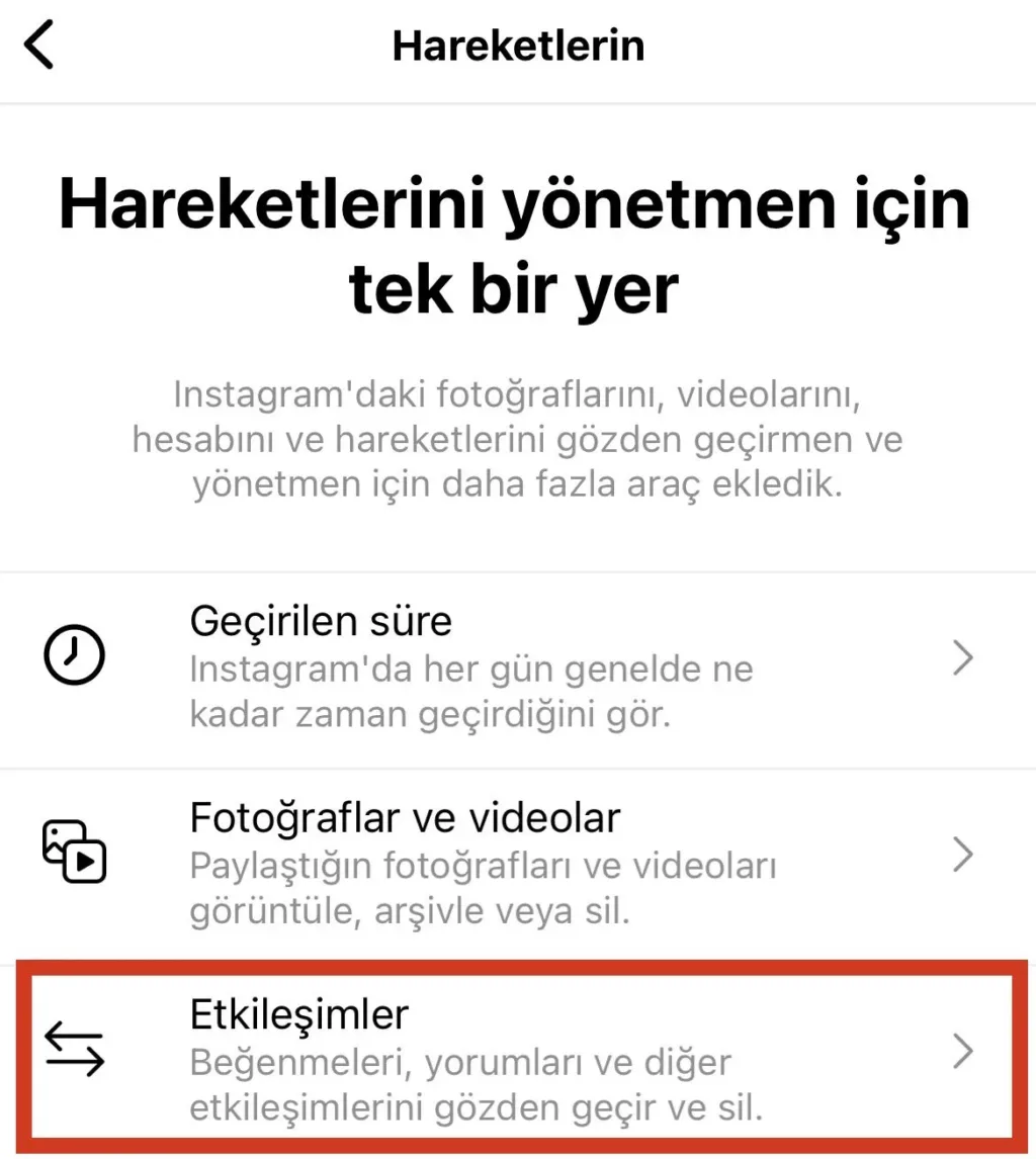 Instagram Etkileşimler menüsü