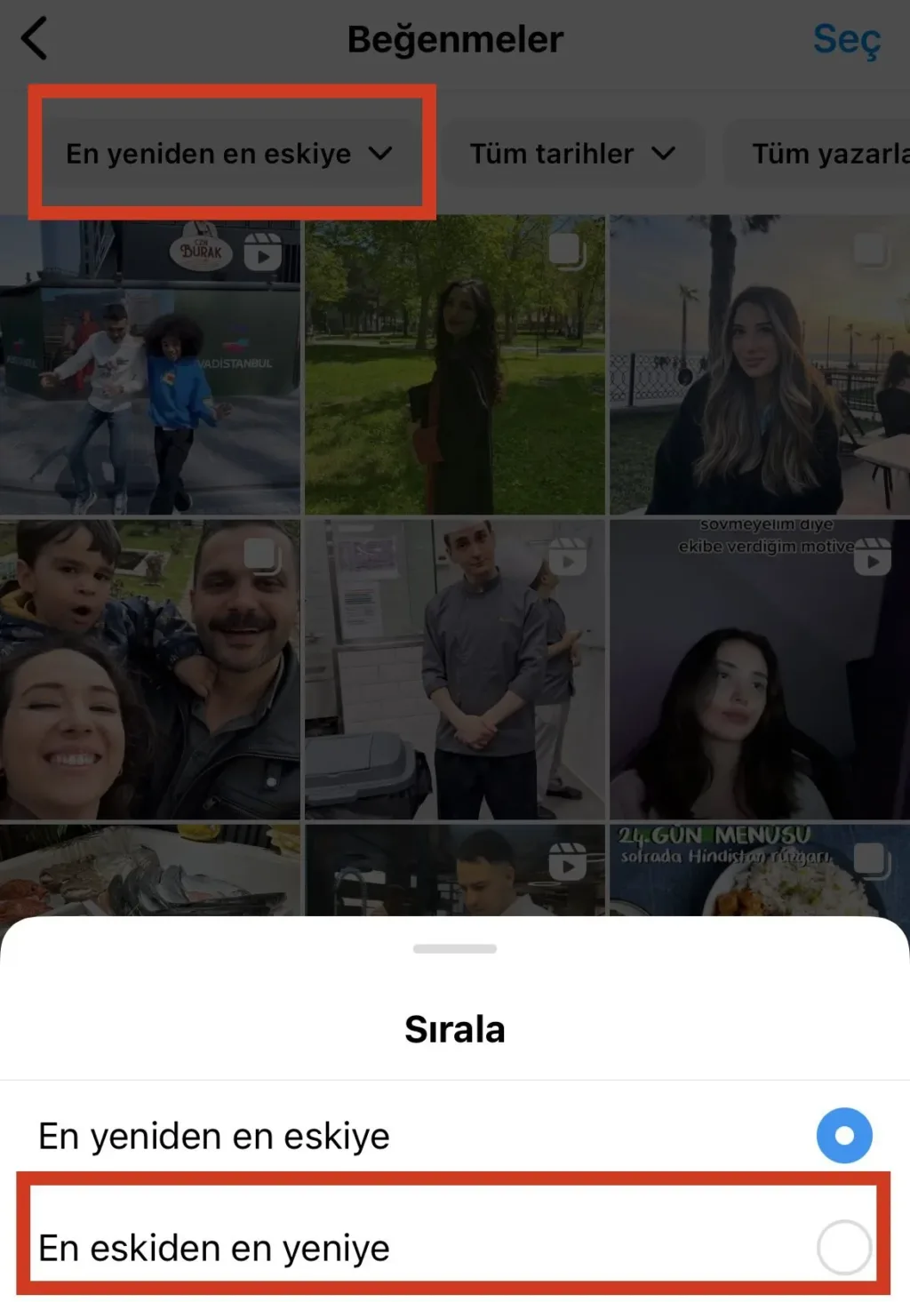 Instagram en eskiye göre sıralama