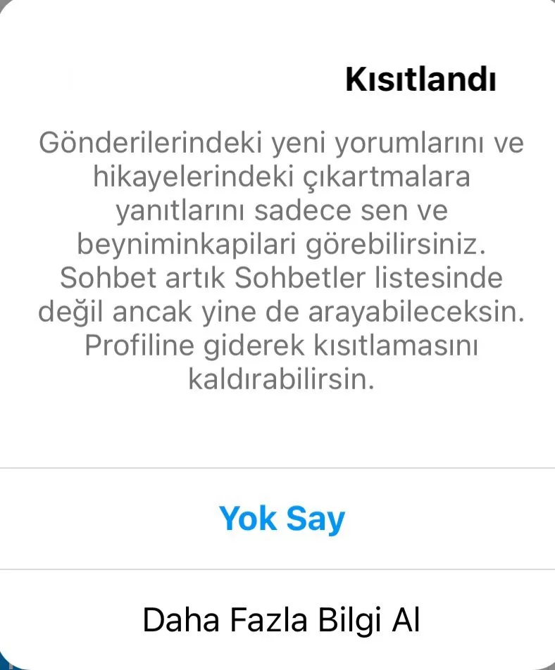 Instagram kısıtlama onay penceresi