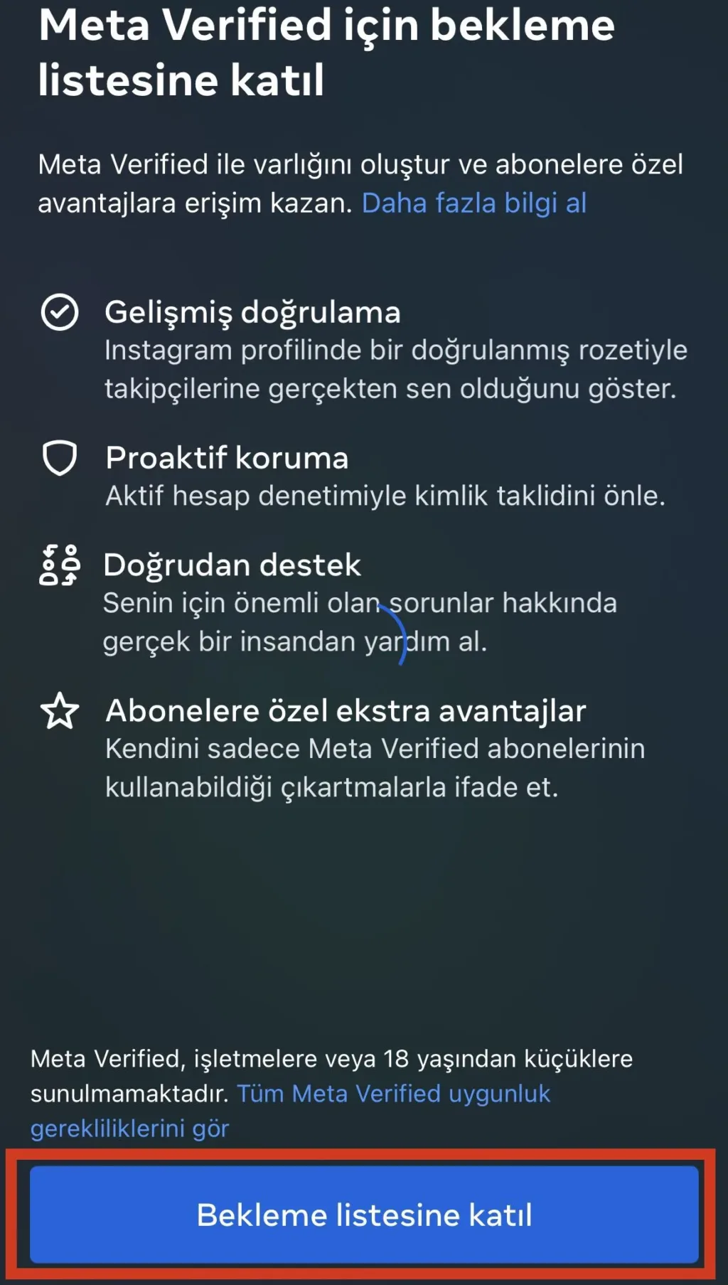 Meta Verified bekleme listesine katıl butonu