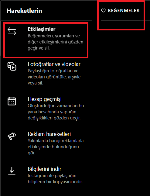 Instagram PC Etkileşimler menüsü