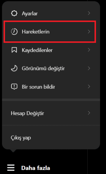 Instagram PC Hareketlerin menüsü