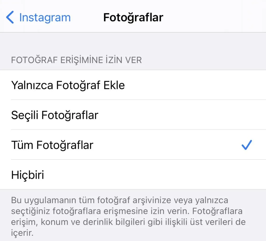 Instagram galeri erişimini Tüm Fotoğraflar olarak açma