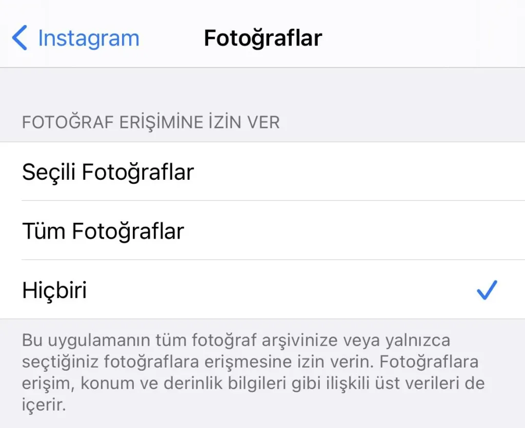Instagram galeri erişimini Hiçbiri olarak kapatma