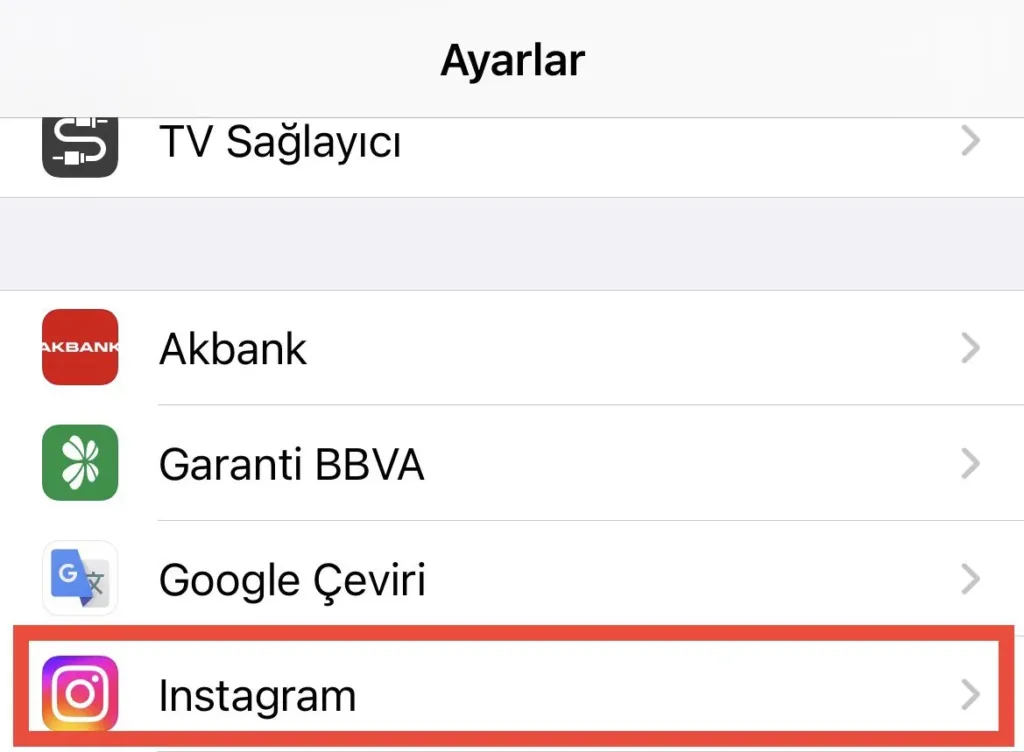 iPhone Ayarlar menüsünden Instagram uygulamasını bulma