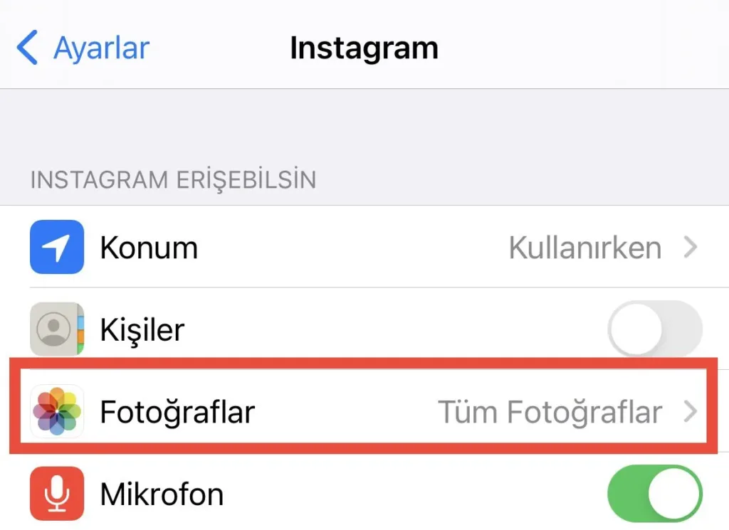Instagram uygulama izinleri listesinde Fotoğraflar seçeneği