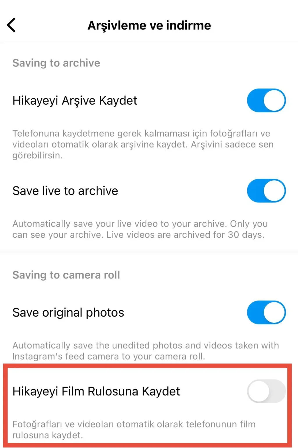 Instagram hikayeyi film rulosuna kaydetme ayarı