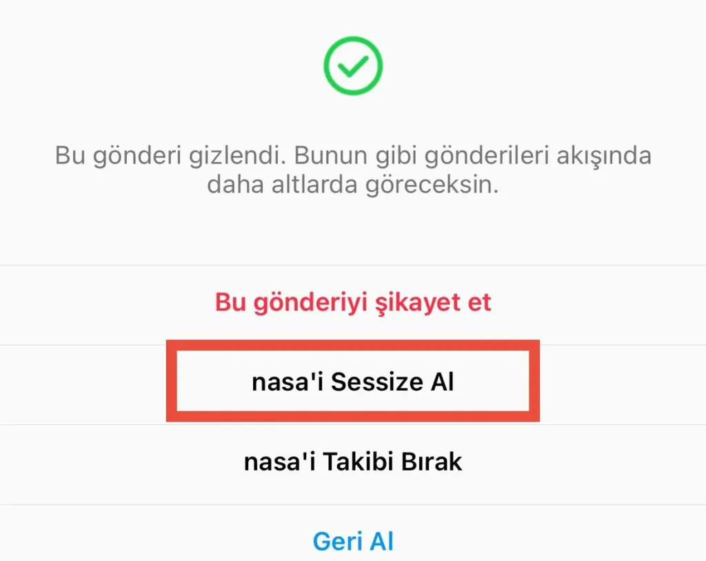 Instagram gönderi gizlendikten sonra çıkan sessize al seçeneği