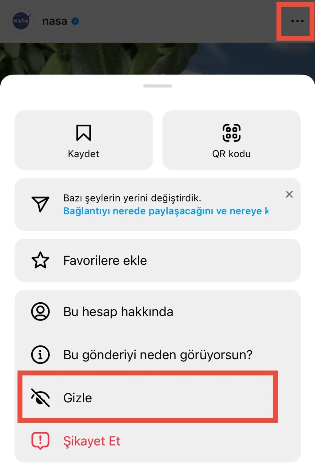 Instagram gönderi seçenekleri menüsü ve gizle butonu
