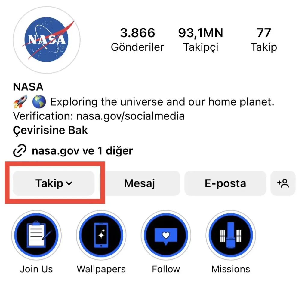 Instagram profil sayfasındaki takip butonu