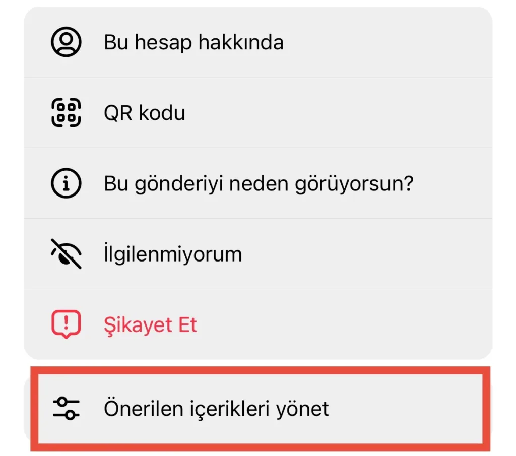 instagram önerilen içerikleri yönet menüsü