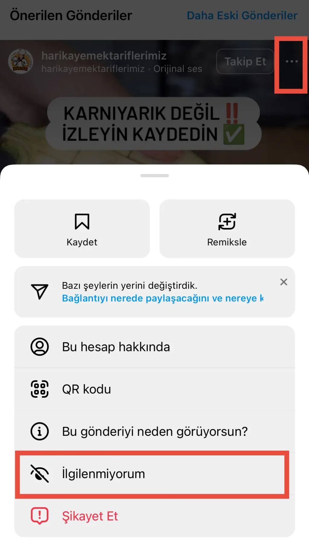 instagram önerilen içerikler ilgilenmiyorum seçeneği
