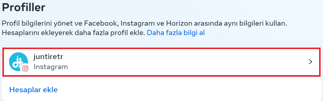 Hesaplar Merkezi'nden ilgili Instagram profilini seçme