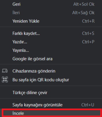 Tarayıcı incele menüsü