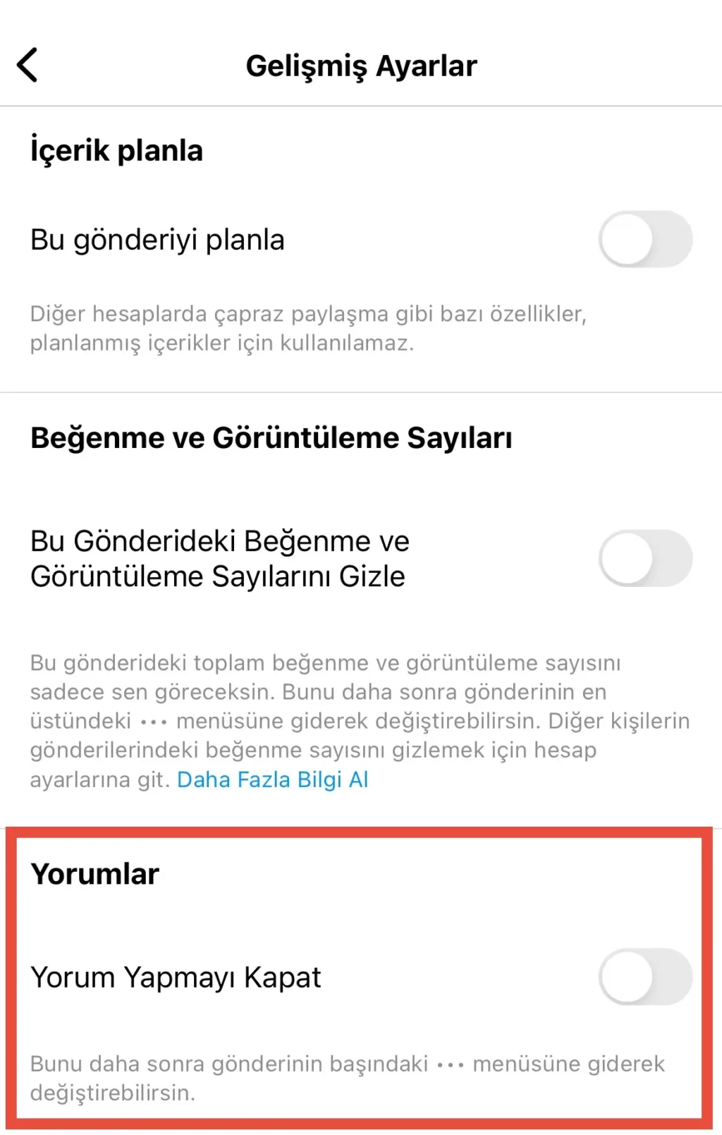 instagram içerik yorumları nasıl kapatılır? Yorum kapatma çubuğu