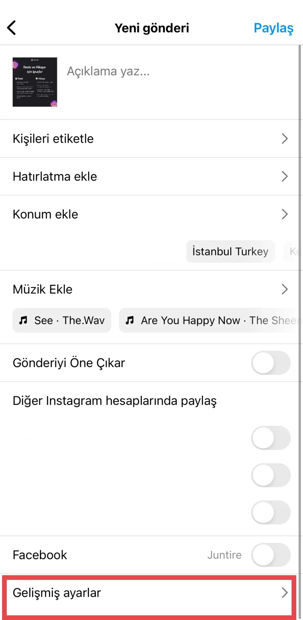instagram içerik yorumları nasıl kapatılır? Gelişmiş ayarlar