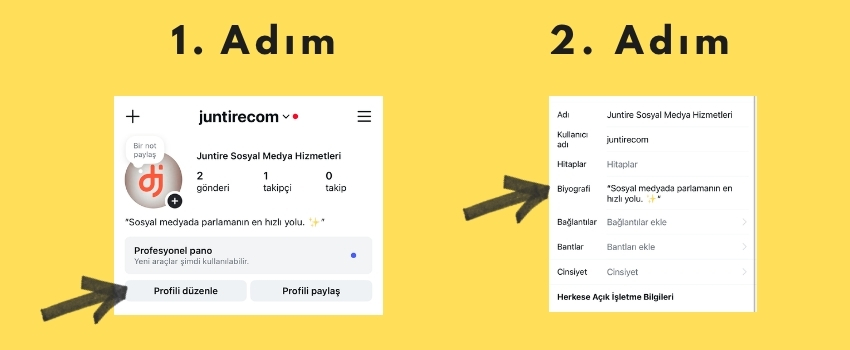 Instagram mobil uygulamada biyografi düzenleme ekranı