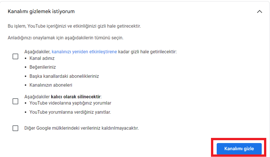 youtube kanalı gizlemek bilgisayardan