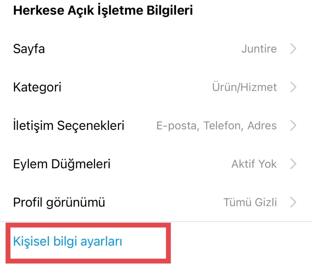 Kişisel bilgi ayarları menüsü