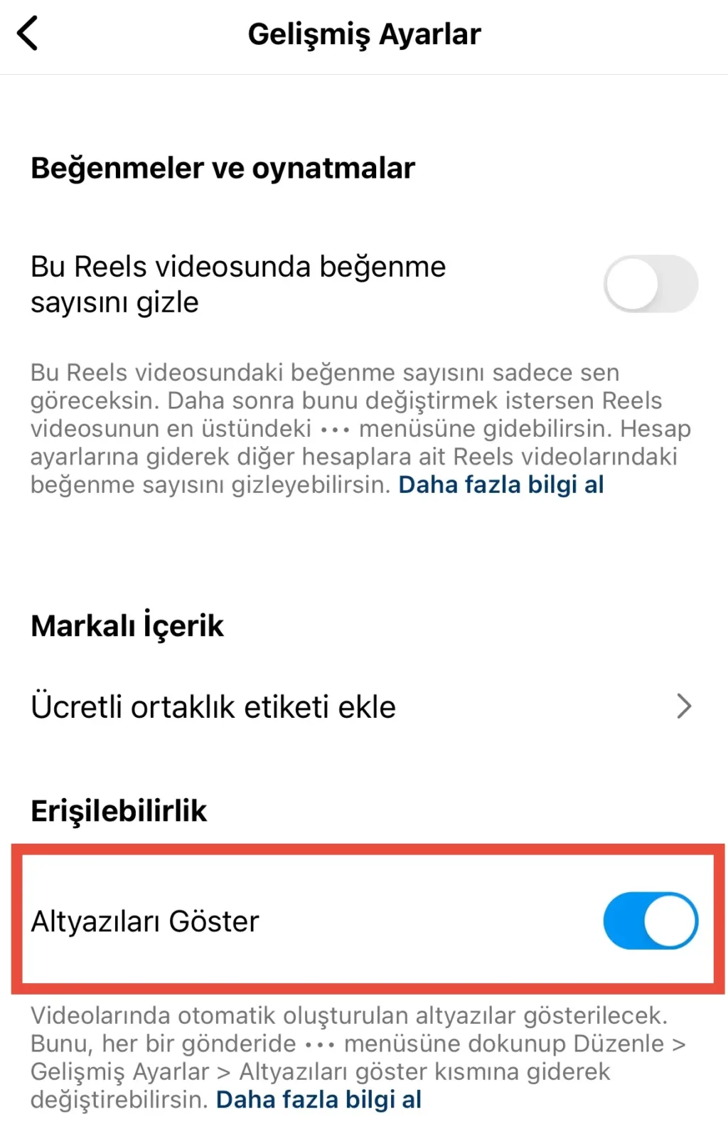 Videolarda altyazıları göster seçeneğini aktif etme