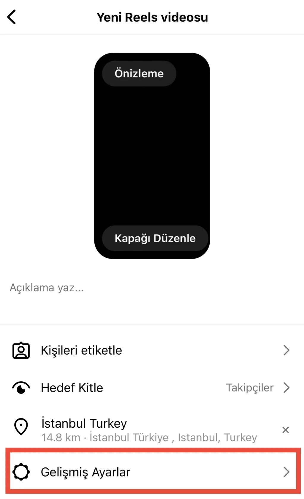 Instagram gönderi oluştururken gelişmiş ayarlar menüsü