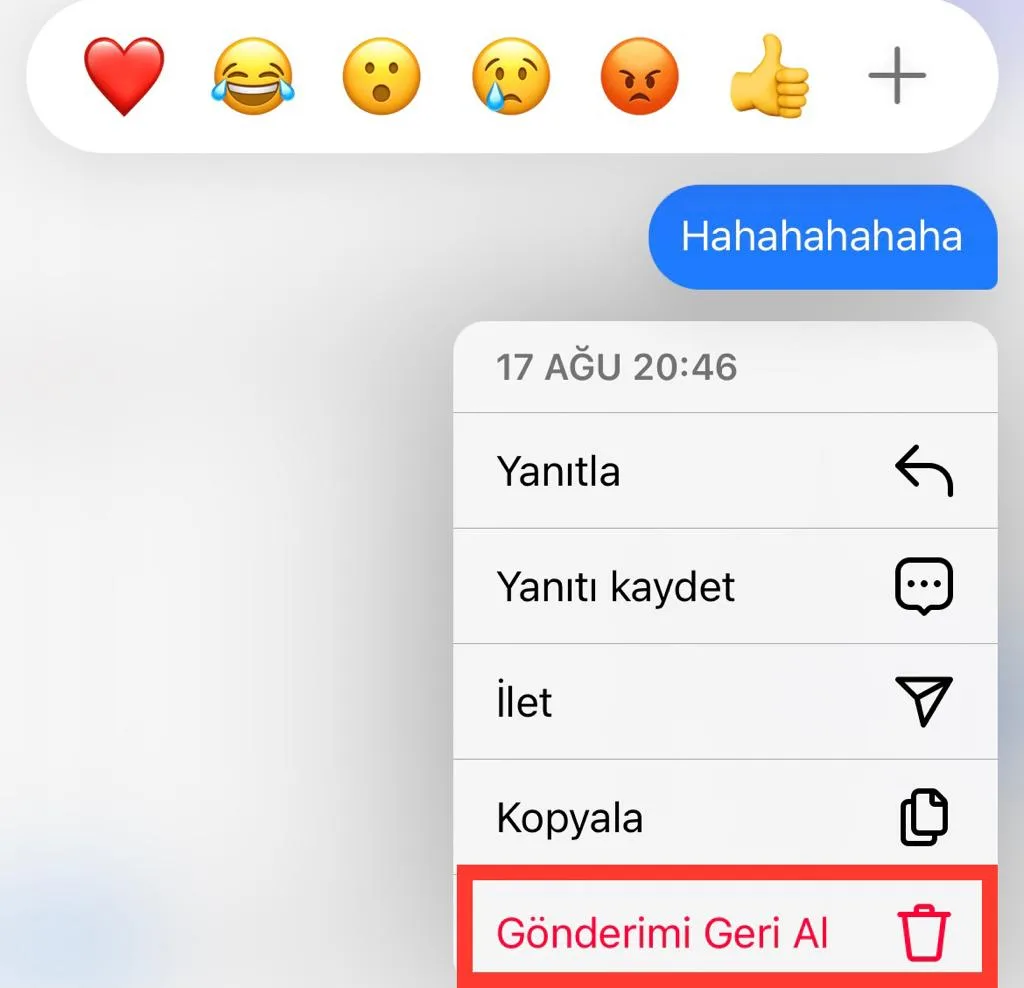 instagram mesajı geri al