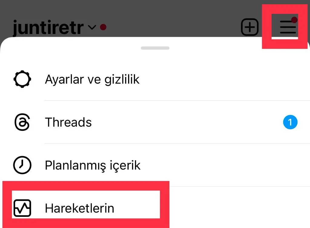 Instagram profil ayarları ve hareketlerin menüsü