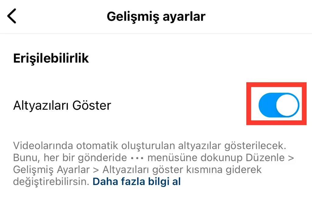 Instagram Reels otomatik altyazı açma butonu