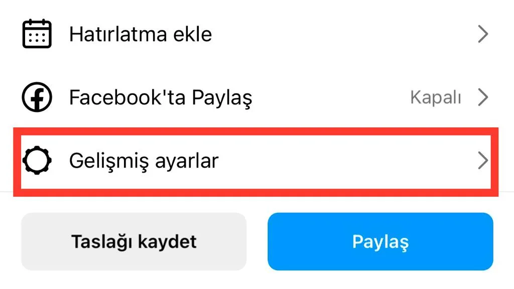Instagram Reels gelişmiş ayarlar menüsü
