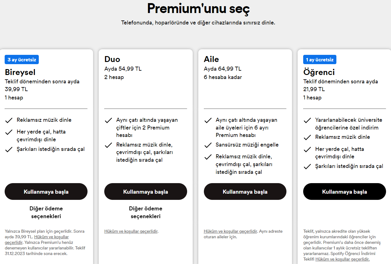 spotify fiyat listesi