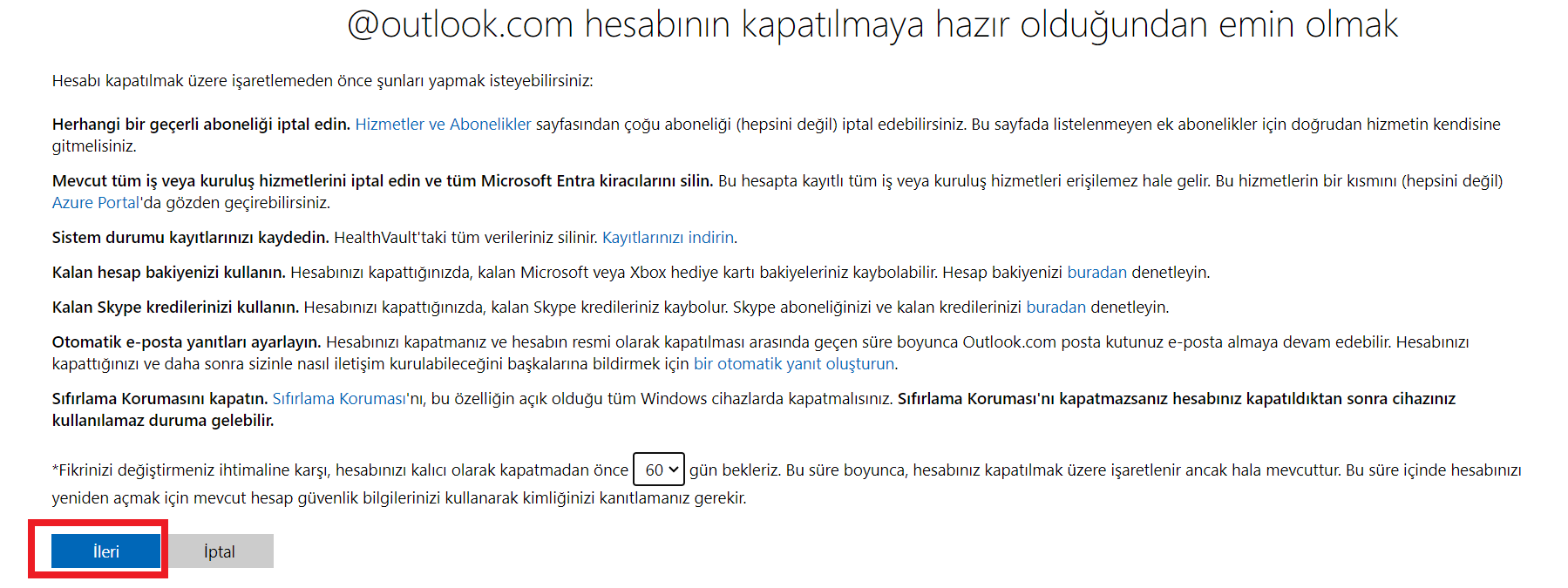 outlook hesap silme
