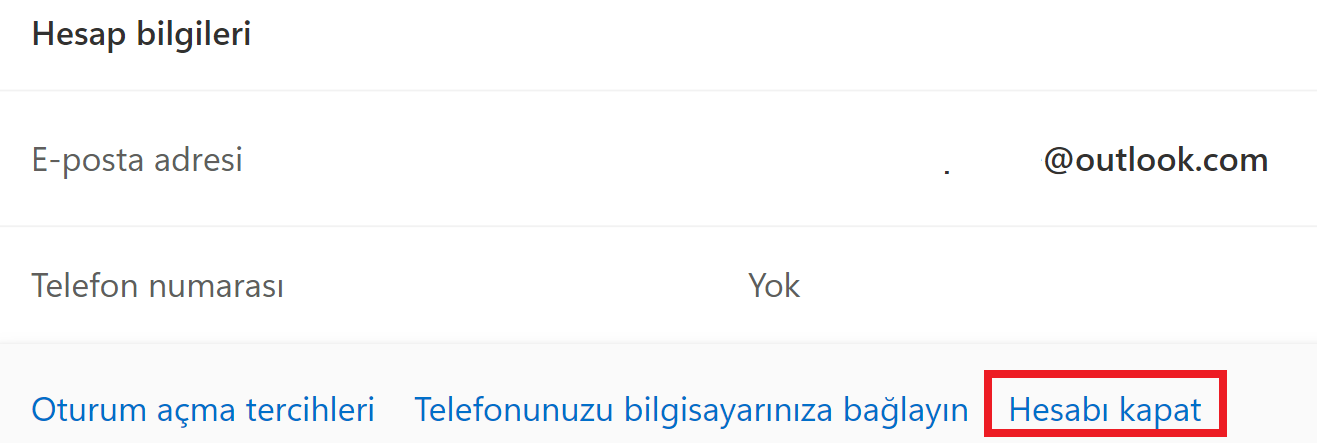 outlook hesap silme