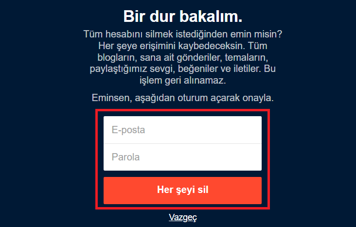 tumblr hesap silme