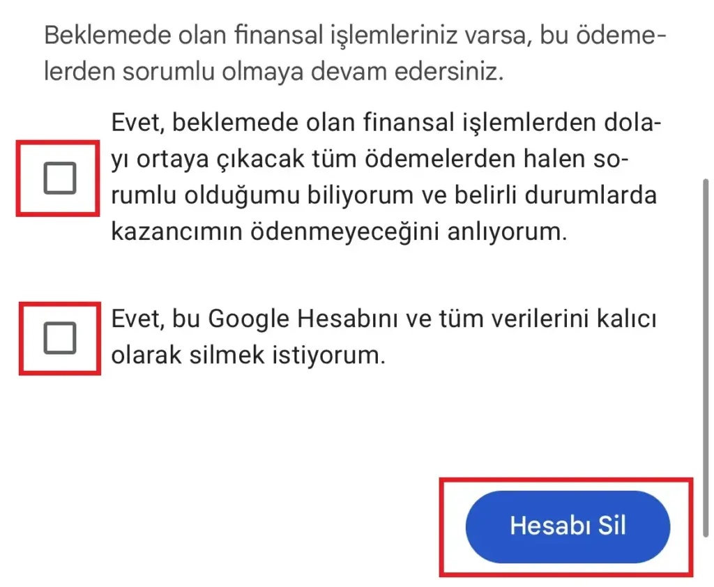 google hesap silme