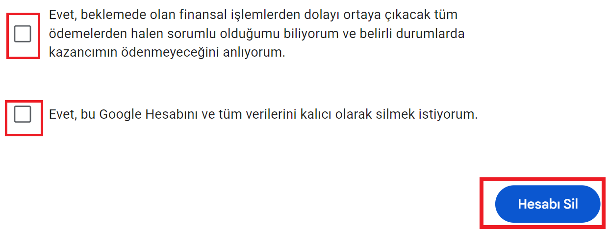 google hesap silme