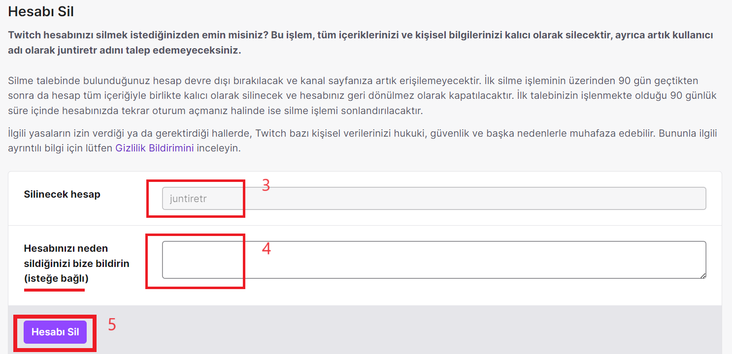 twitch hesap silme