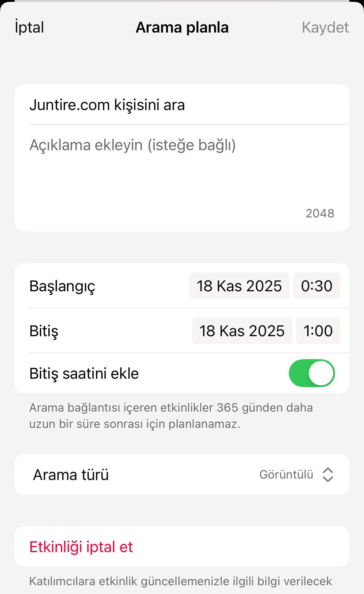 WhatsApp Planlı Arama Etkinliği İptal Ekranı