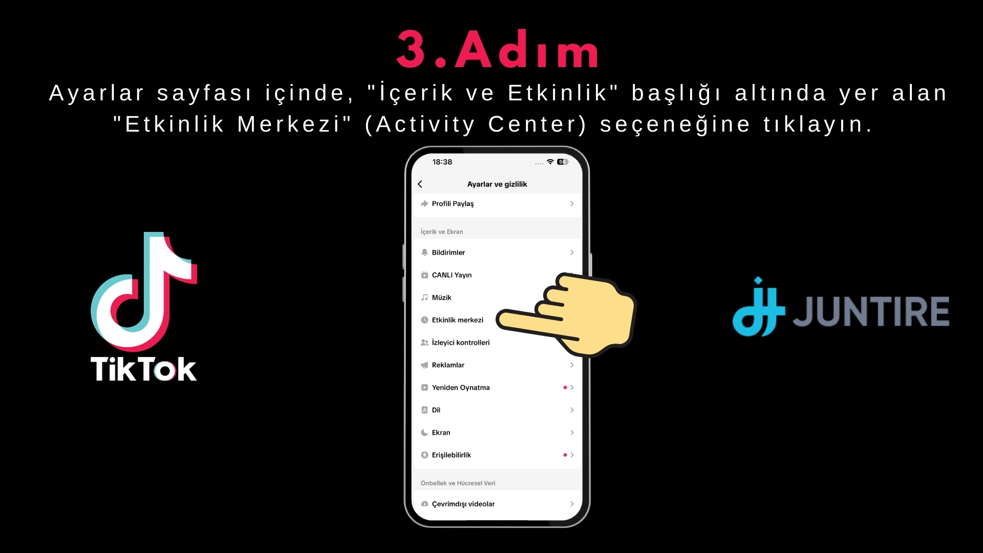Ayarlar sayfası içinde, "İçerik ve Etkinlik" başlığı altında yer alan "Etkinlik Merkezi" (Activity Center) seçeneğine tıklayın. Bu merkezde, platformdaki tüm etkileşim verileriniz bulunur.
