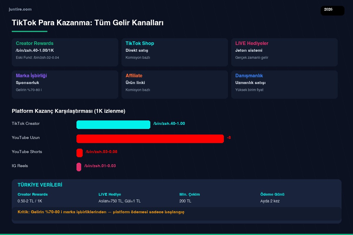 TikTok para kazanma 2026 tüm gelir kanalları infografik