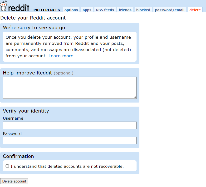 reddit hesap silme