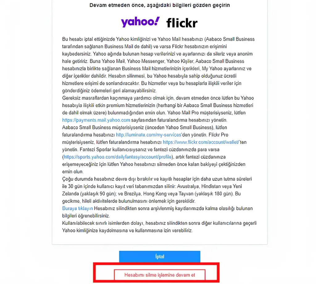 yahoo hesap silme