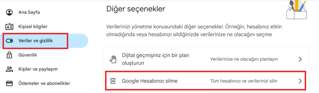 google hesap silme