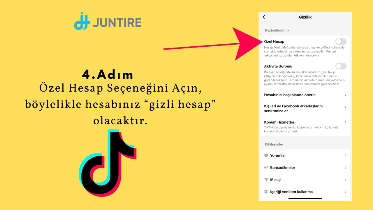 Aktif Edin: En üstteki Özel Hesap seçeneğinin yanındaki anahtarı Açık (Yeşil) konuma getirin.