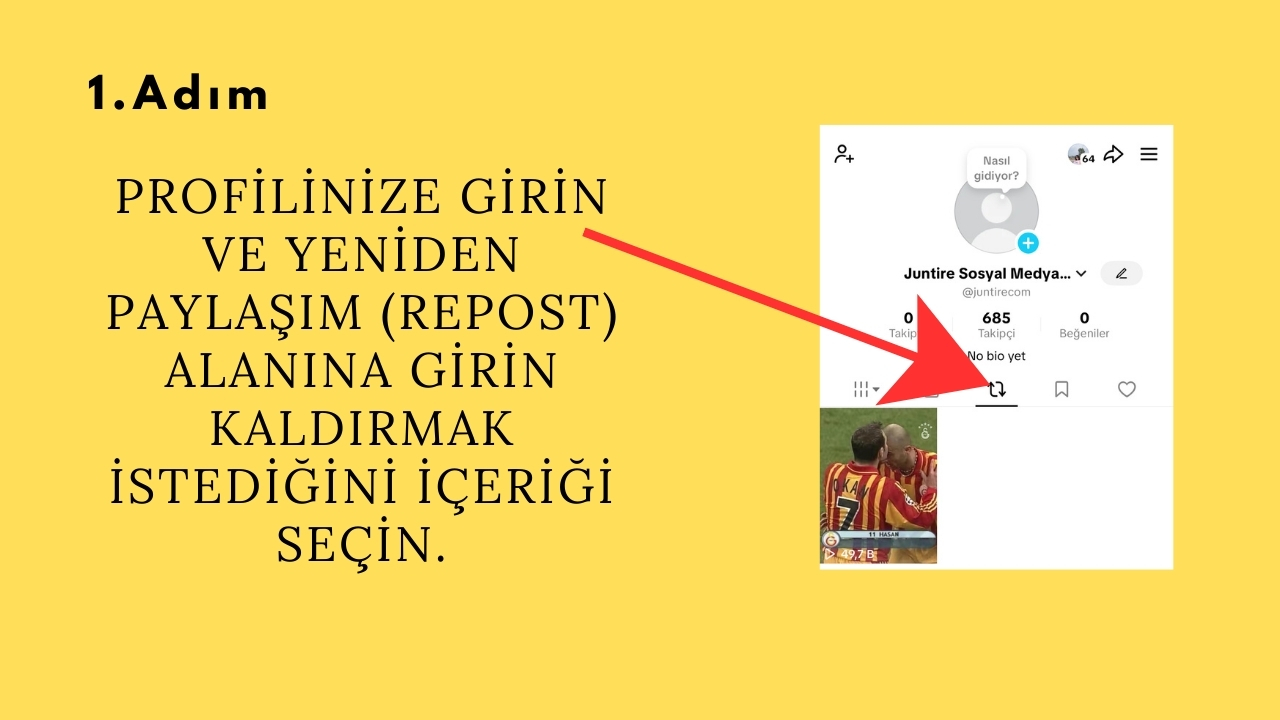 Uygulamayı açın ve yeniden paylaşımını kaldırmak istediğiniz videoyu profilinize girin ve yeniden paylaşımlar alanında "repost" yeniden paylaşma kaldıracağınız içeriğe tıklayın.